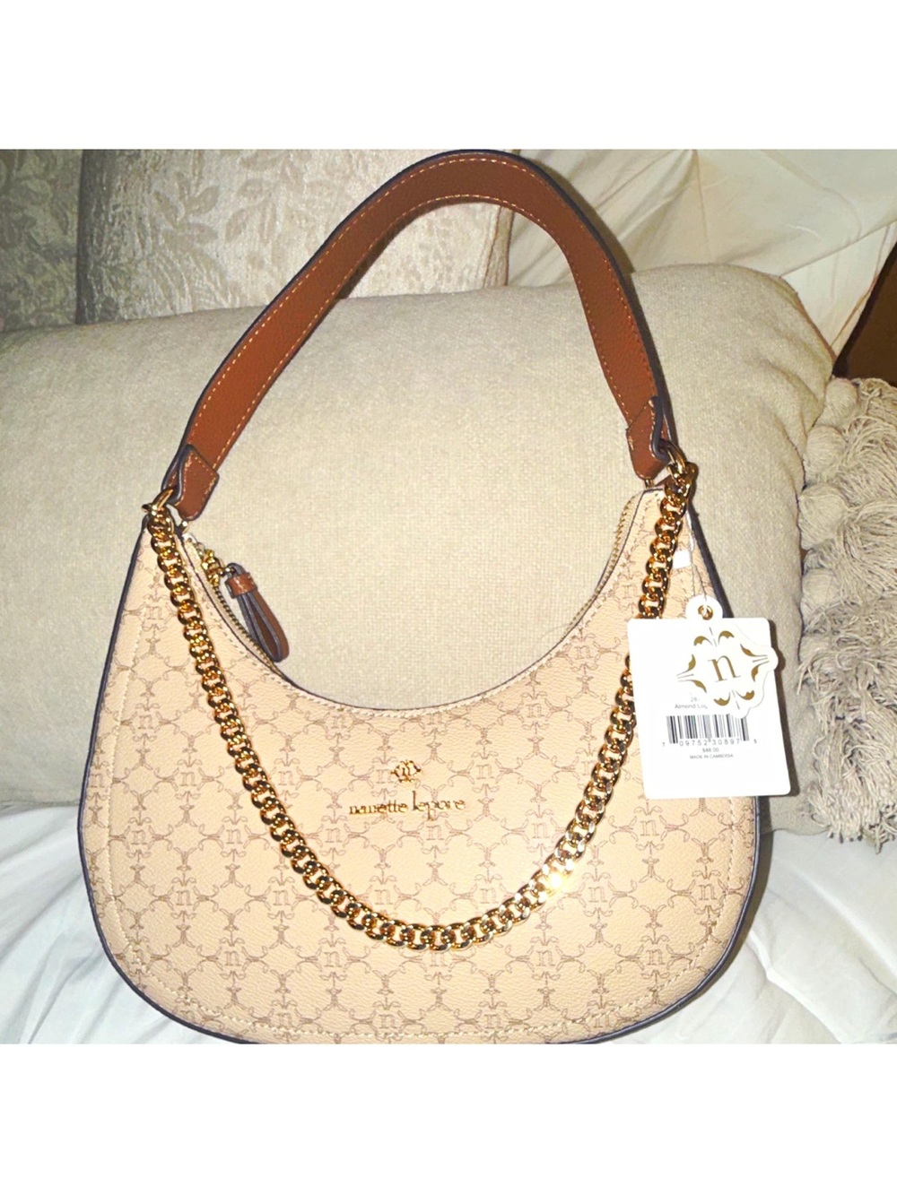 Nanette Lepore Beige Crescent Shoulder Bag with Gold Chain